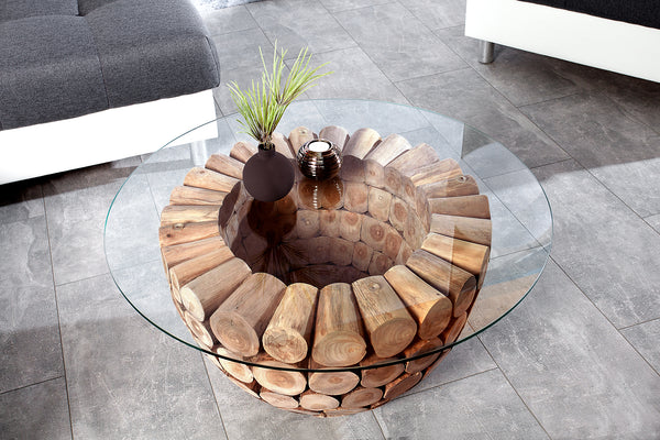 Pure Nature Handmade Teak Round Coffee Table with Glass Top