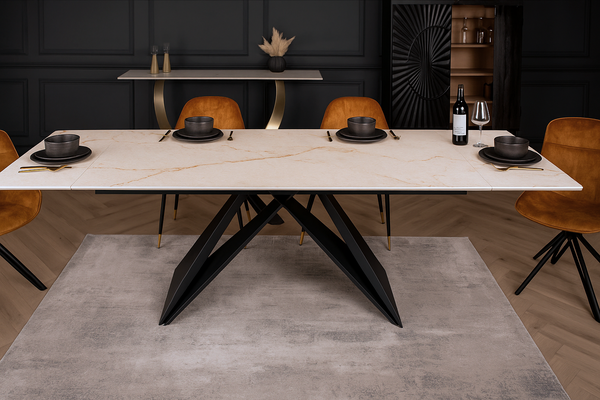 Apollo Extendable Italian Sintered Stone Dining Table in White Concrete Gold Marble Look 180-220-260 cm