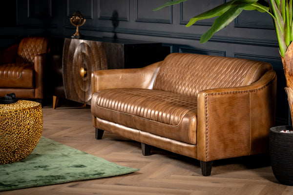 Chicago Club Genuine Leather 3 Seater Sofa in Brown with Wooden Legs 174cm