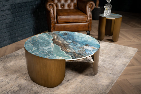 Petroio Italian Sintered Stone Round Coffee Table in Crystal Blue Marble Look90 cm