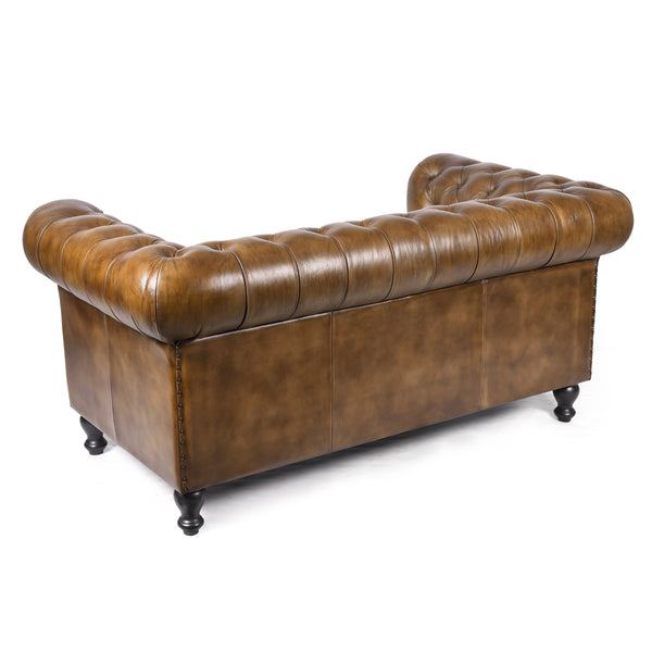 Stratford Chesterfield Genuine Leather 2 Seater Sofa in Antique Brown with Black Wooden Legs 158 cm