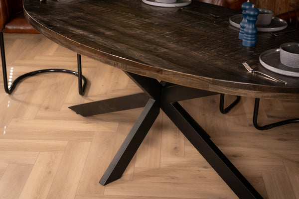 Galaxie Industrial Solid Mango Wood Oval Dining Table in Dark Brown Grey with Black Spider Legs 180