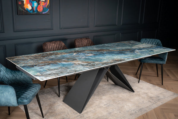 Apollo Extendable Italian Sintered Stone Dining Table in Crystal Blue Marble Look 180-220-260 cm
