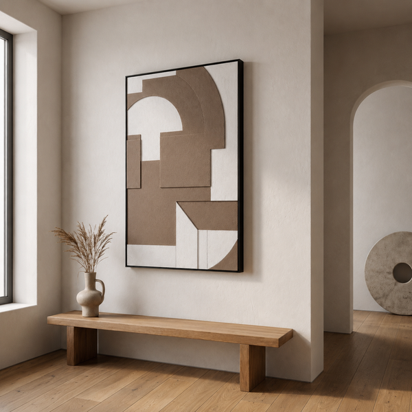Carved Textured Canvas Wall Art with Black Frame - Large Beige And Brown Statement Piece 80 × 120 cm