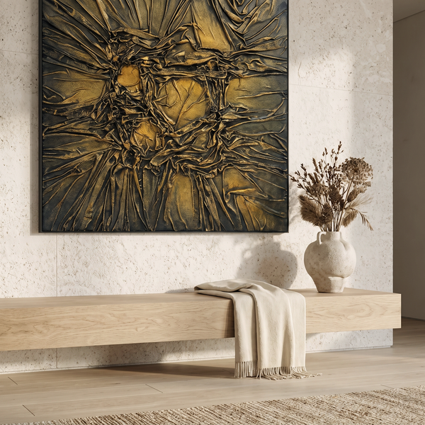 Luxury 3D Fabric Wall Art - Large Gold Textured Framed Statement Piece 100 × 100 cm