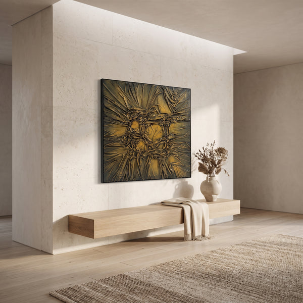 Luxury 3D Fabric Wall Art - Large Gold Textured Framed Statement Piece 100 × 100 cm