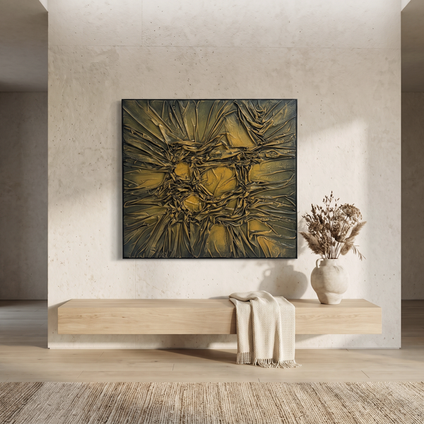 Luxury 3D Fabric Wall Art - Large Gold Textured Framed Statement Piece 100 × 100 cm