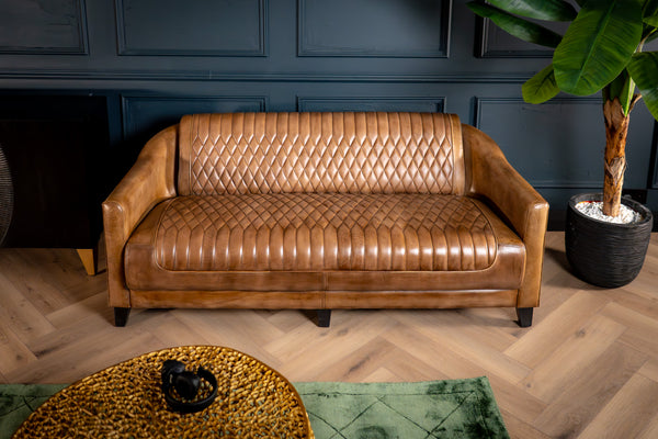 Chicago Club Genuine Leather 3 Seater Sofa in Brown with Wooden Legs 174cm