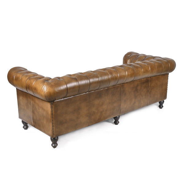 Stratford Chesterfield Genuine Leather 3 Seater Sofa in Antique Brown with Black Wooden Legs 216 cm