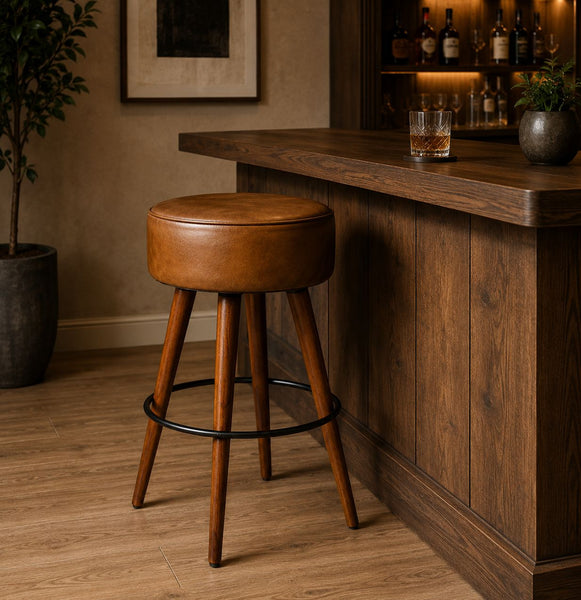 Genuine Leather Bar Stool Vintage Brown with Wooden Legs - Torino