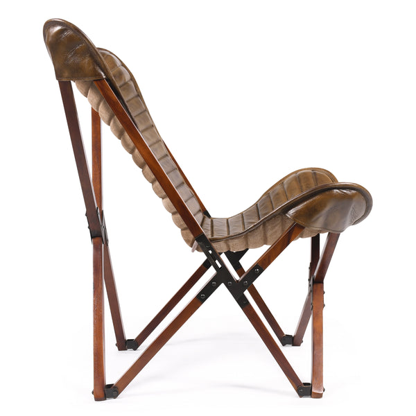 Butterfly Retro Style Genuine Leather Lounge Chair in Antique Brown with Wooden Foldable Frame