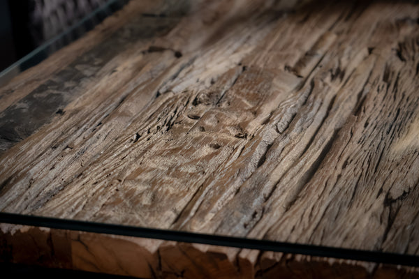 Forest Recycled Wood Dining Table with Glass Top and Black Frame 180 cm