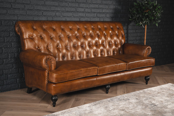 Sienna Lounge Tufted Leather 3-Seater Sofa in Vintage Brown with Wooden Legs 194 cm
