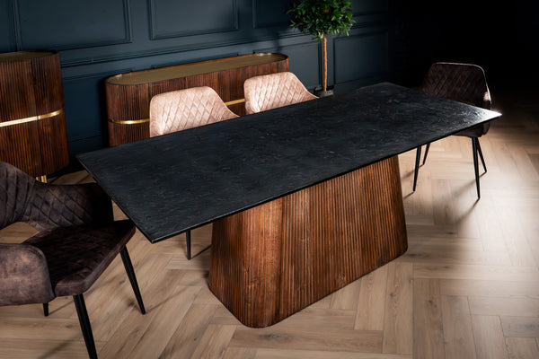 Portofino Mango Wood Dining Table with Black Mosaic Wooden Top and Fluted Base 200 cm