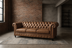 Stratford Chesterfield Genuine Leather 3 Seater Sofa in Antique Brown with Black Wooden Legs 216 cm