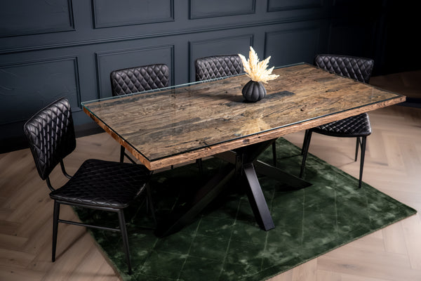 Forest Recycled Wood Dining Table with Glass Top and Black Frame 180 cm