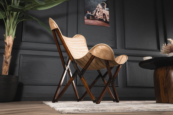 Butterfly Retro Style Genuine Leather Lounge Chair in Beige with Wooden Foldable Frame
