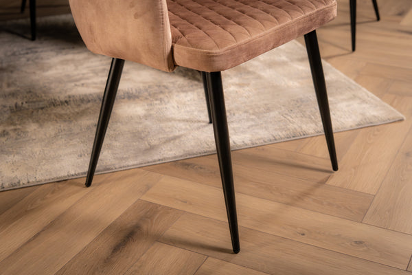 Glamour Elegant Beige Greige Champagne Velvet Chair with Decorative Quilting and Black Legs