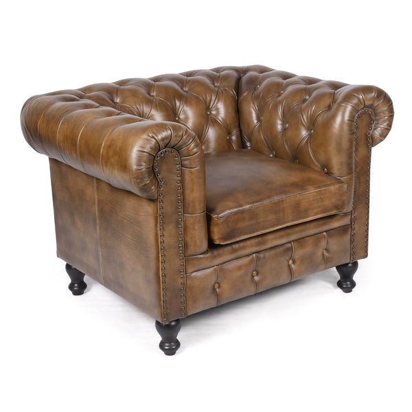 Stratford Chesterfield Genuine Leather Armchair in Antique Brown with Black Wooden Legs
