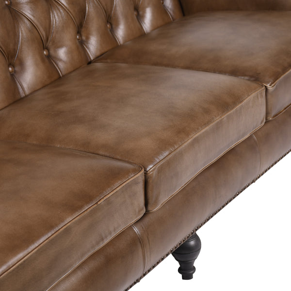 Sienna Lounge Tufted Leather 3-Seater Sofa in Vintage Brown with Wooden Legs 194 cm
