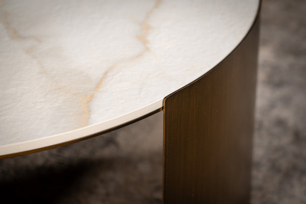 Petroio Italian Sintered Stone Round Coffee Table in White Concrete Gold Marble Look 90 cm