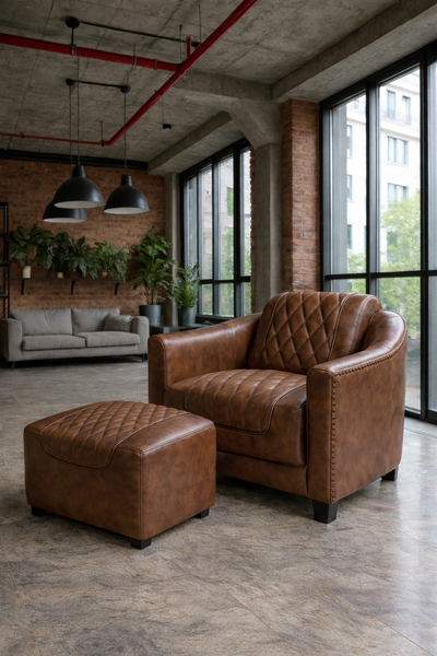 Vintage Brown Leather Footstool  Ottoman with Wooden Legs – Chicago Club