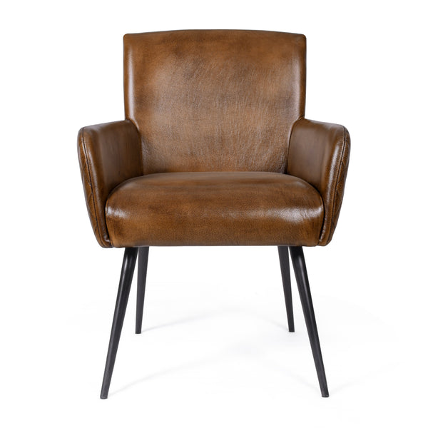 Hudson Genuine Leather Armchair Dining Chair in Antique Brown and Black Metal Legs