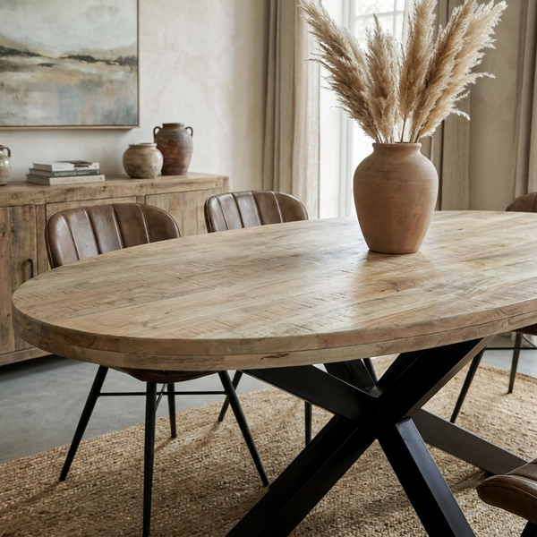 Solid Mango Wood Oval Dining Table 160cm – Galaxie Spider Frame