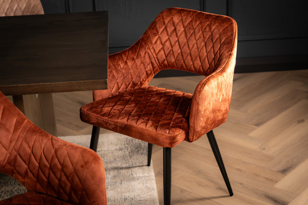 Glamour Elegant Brown Rust Velvet Chair with Decorative Quilting and Black Legs