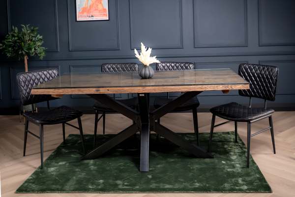Forest Recycled Wood Dining Table with Glass Top and Black Frame 180 cm
