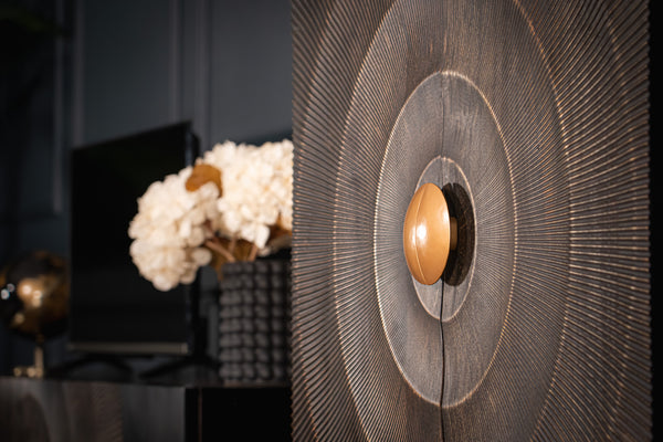 Sunset Handcrafted bar cabinet black gold solid mango wood metal frame 140 cm