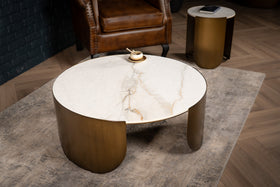 Petroio Italian Sintered Stone Round Coffee Table in White Concrete Gold Marble Look 90 cm