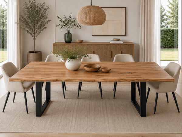 Solid Acacia Wood Iron Dining Table with Butterfly Inserts 220cm - Aspen Live Edge Light Brown