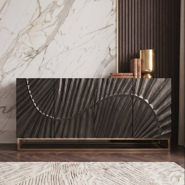 Solid Mango Wood Sideboard Black 177 cm – Scorpion 3D Carved Front