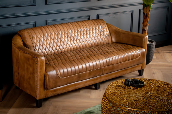 Chicago Club Genuine Leather 3 Seater Sofa in Brown with Wooden Legs 174cm