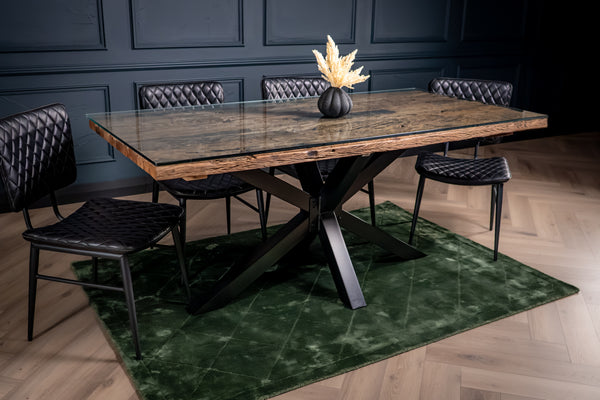 Forest Recycled Wood Dining Table with Glass Top and Black Frame 180 cm