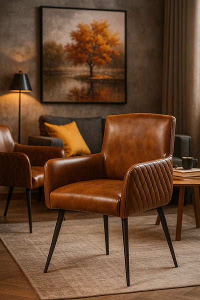 Hudson Genuine Leather Armchair Dining Chair in Antique Brown and Black Metal Legs