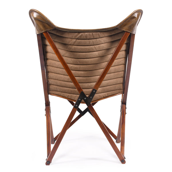 Butterfly Retro Style Genuine Leather Lounge Chair in Antique Brown with Wooden Foldable Frame
