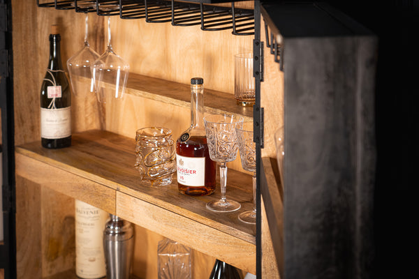 Sunset Handcrafted bar cabinet black gold solid mango wood metal frame 140 cm