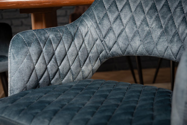 Glamour Petrol Blue Velvet Chair with Decorative Quilting and Black Legs