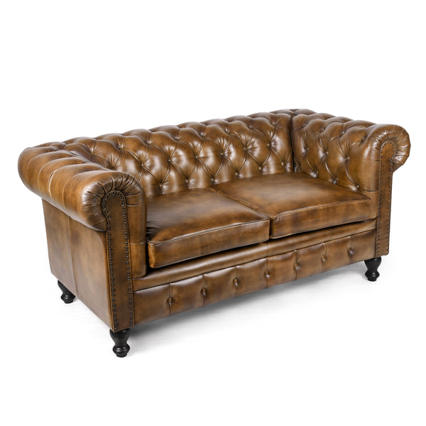 Stratford Chesterfield Genuine Leather 2 Seater Sofa in Antique Brown with Black Wooden Legs 158 cm