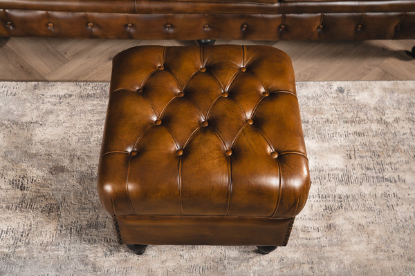 Stratford Chesterfield Genuine Leather Ottoman in Antique Brown and Black Wooden Legs