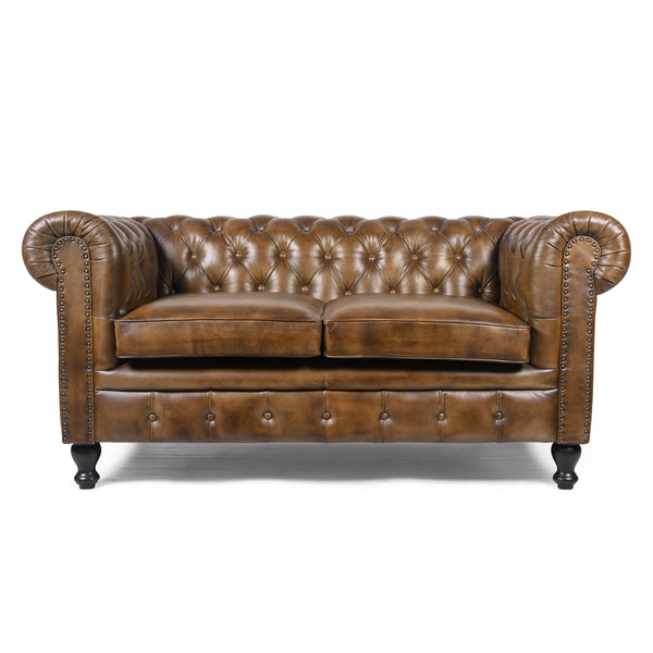 Stratford Chesterfield Genuine Leather 2 Seater Sofa in Antique Brown with Black Wooden Legs 158 cm