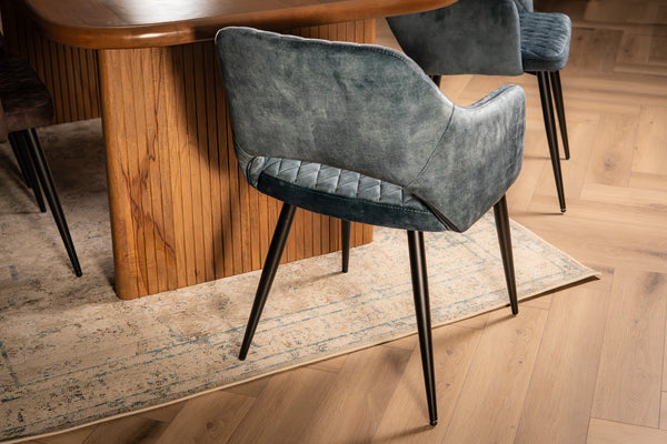 Glamour Petrol Blue Velvet Chair with Decorative Quilting and Black Legs