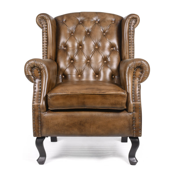 Wellington Chesterfield Genuine Leather Armchair in Antique Brown with Wooden Legs