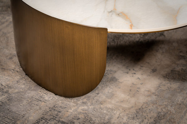 Petroio Italian Sintered Stone Round Coffee Table in White Concrete Gold Marble Look 90 cm