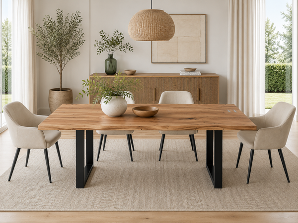 Solid Acacia Wood Iron Dining Table with Butterfly Inserts 180cm - Aspen Live Edge Light Brown