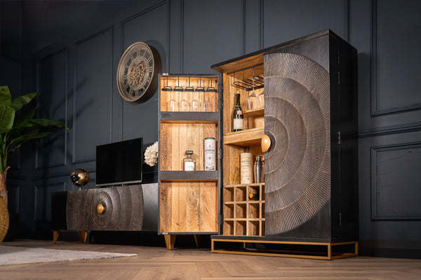 Sunset Handcrafted bar cabinet black gold solid mango wood metal frame 140 cm