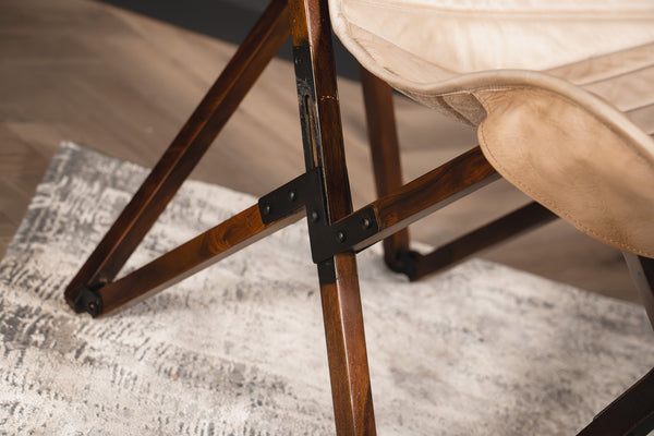 Butterfly Retro Style Genuine Leather Lounge Chair in Beige with Wooden Foldable Frame