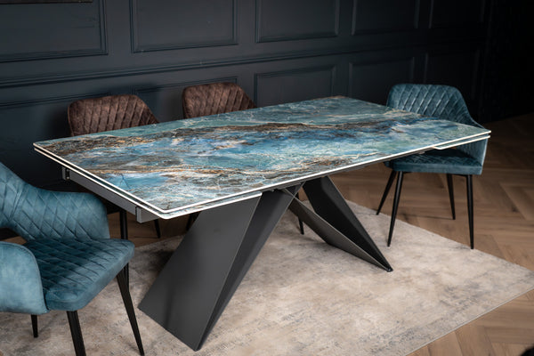 Apollo Extendable Italian Sintered Stone Dining Table in Crystal Blue Marble Look 180-220-260 cm